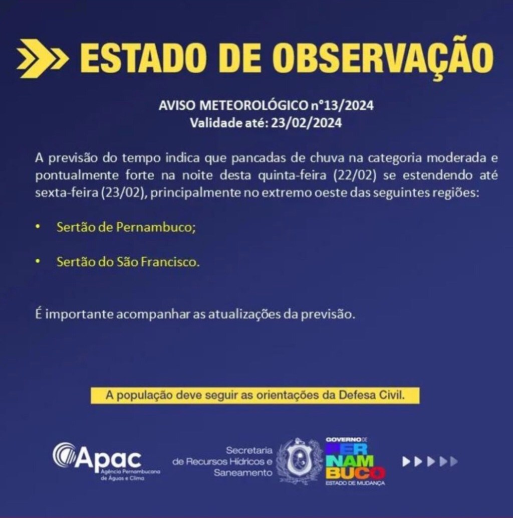 APAC emite mais um alerta para chuvas no&nbsp;Sertão