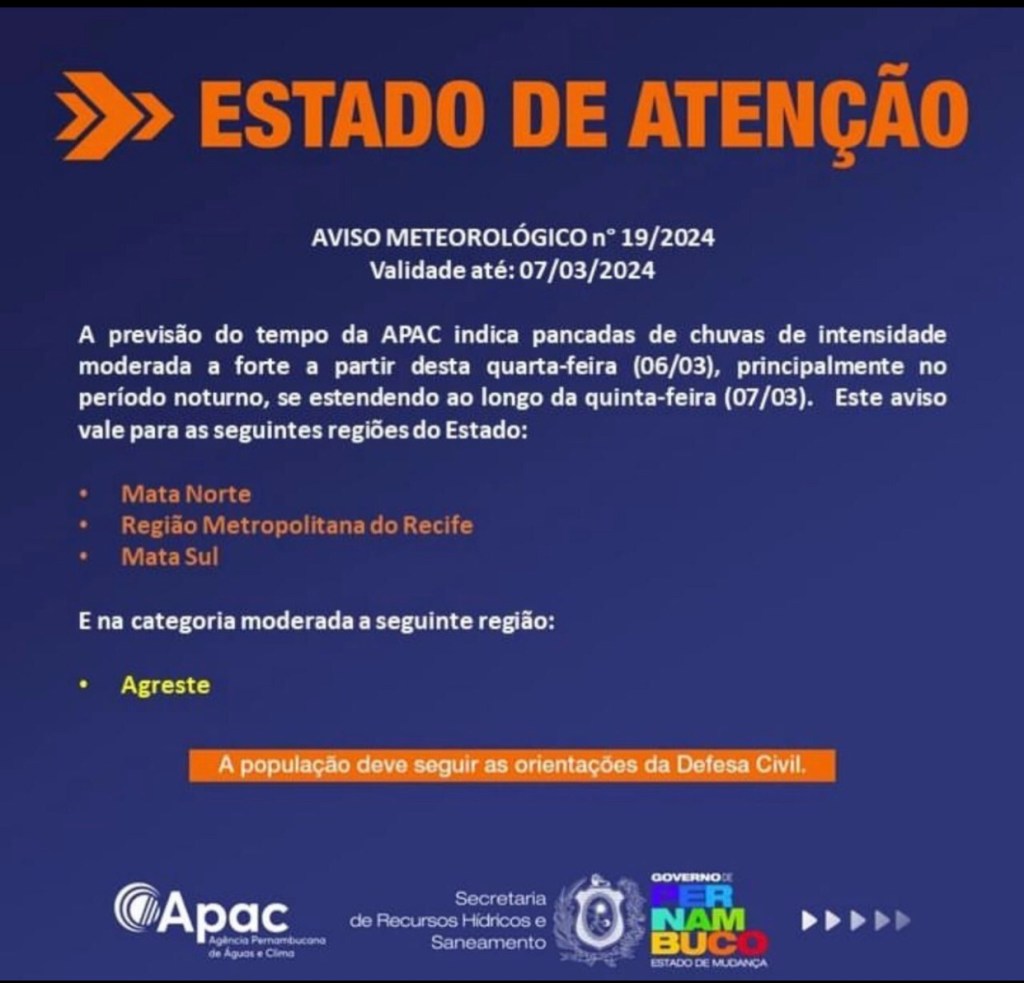 Chuvas intensas alertam Pernambuco: Apac emite aviso para o Grande Recife, Zona da Mata e&nbsp;Agreste