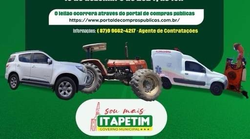 Prefeitura de Itapetim fará leilão de veículos d máquinas usadas no próximo dia&nbsp;09