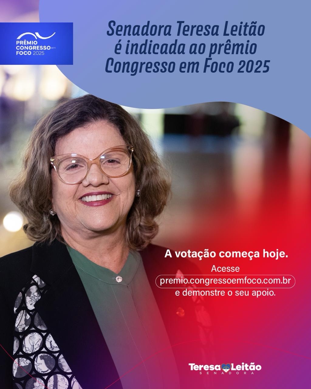 Teresa Leitão concorre ao Prêmio Congresso em Foco pelo terceiro ano&nbsp;seguido