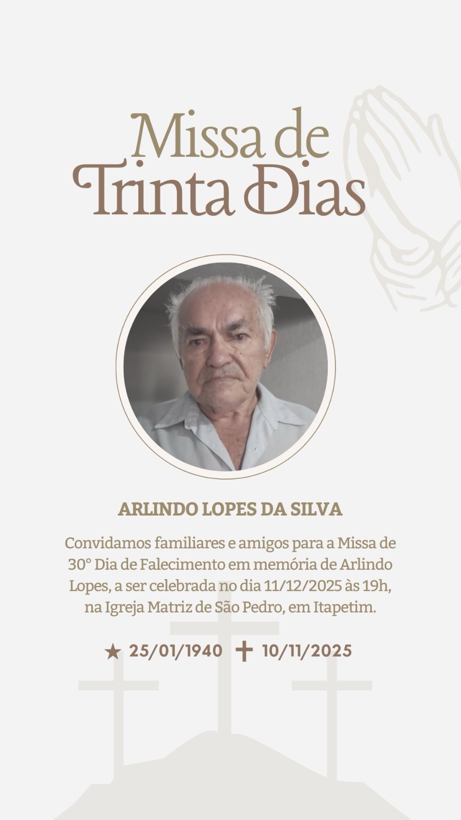 Missa de 30 dias de Arlindo Lopes da Silva será celebrada nesta quinta(11), em&nbsp;Itapetim
