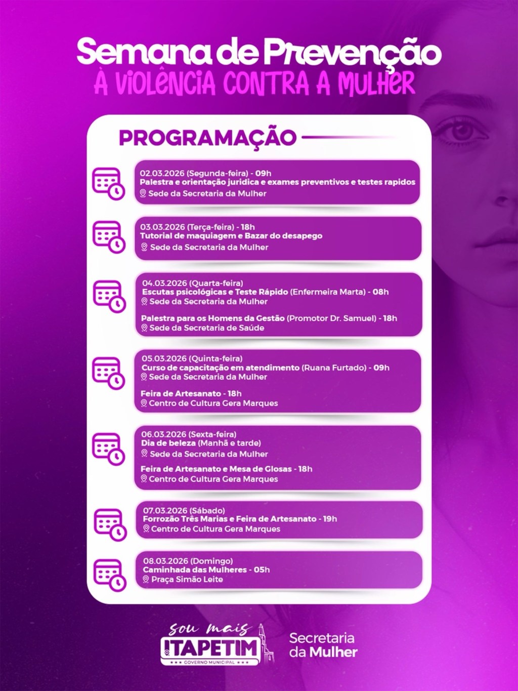 Semana de Prevenção à Violência Contra a Mulher segue com programação até o dia 8 de março em&nbsp;Itapetim